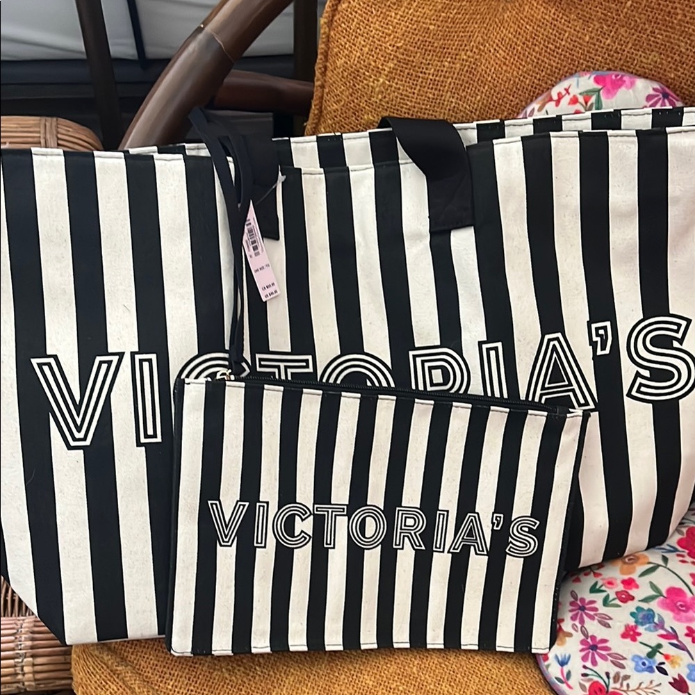 Victoria's Secret Black and White Striped Tote Bag Set